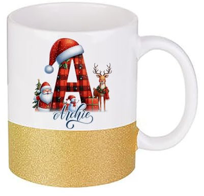 Getagift Personalised Christmas Alphabet Letter, Initial with Name, Xmas, Secret Santa Alphabet, 11oz Stoneware Glitter Coffee Mug. (Gold)