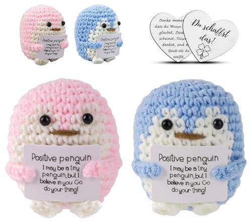 FYSL Positive Penguin Geschenk, 2 Stück Positiver Pinguin und Glücksbringer, Kreative Strickwolle Penguin mit Positive Karte, Pocket Hug Pinguin Spielzeug für Freundin (Rosa + Blau)