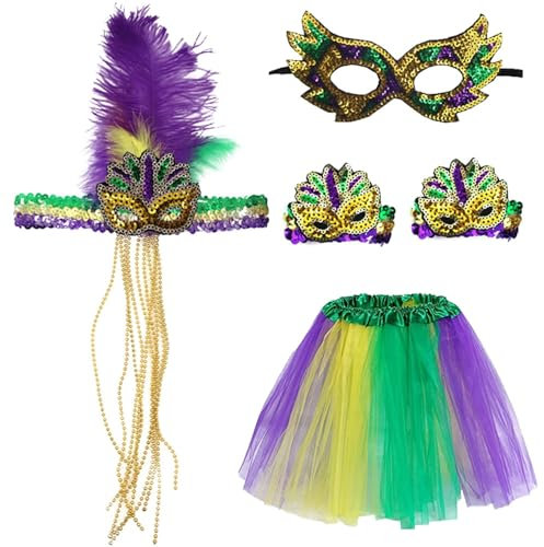 Cexiakong Karneval Kopfschmuck 4 Stücke Show Girl Feder Kopfschmuck Accessoires 1920er Jahre Flapper Stirnband Vintage Neue Maskerade Maske 1pc Stirnband 1pc Maske 1pc Rock 2pc Armband Set Karneval