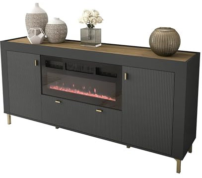 Mirjan24 Kommode Montik 2D1S MV07 mit Elektrischem Kamin, Aufbewahrungsschrank mit 3 Türen, Realistische LED-Flamme, Anrichte, Highboard (Schwarz)