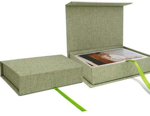 Vienrose Caja de Fotos de Lino 12.7 x 17.8 cm, Caja de Memoria para Fotografías, Postales y Recuerdos, Regalo Ideal, Verde Prado
