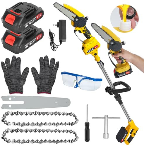 21 V Saw senza cavo e mini motosega in 1, polo di estensione retrattile da 5,9 piedi, sega elettrica da 550 W con batterie 2 x 1,5 ore, motosega leggera per il taglio, giallo