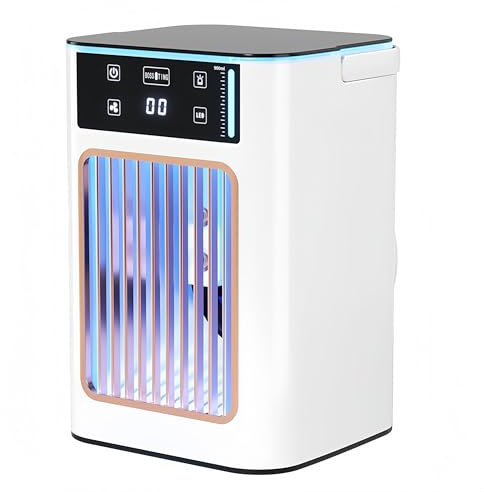 Aire Acondicionado Portatil mini 4 en 1 | Mini Enfriador de Aire USB con Humidificador, Luz LED, 3 Velocidades y Depósito de 900 ml | Climatizador evaporativo silencioso