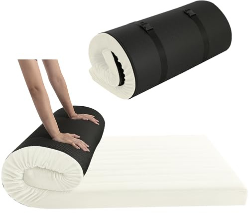 MeMoreCool Aufrollbare Bodenmatratze für Einzelbett, hochdichter Schaumstoff, tragbare Futon-Matratze mit Reisetasche, Bodenliege, Gäste-Schlafmatte für Reisen, Auto-Zelt, 190 x 90 cm, Cremegelb