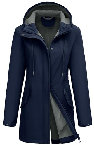 CMTOP Veste Imperméable Femme Chaude Léger Manteau de Pluie Mi-long Coupe-vent Parka Trench Coat Décontractée d'Extérieur Printemps Automne Blousons pour Camping Randonnée(Marine, M)