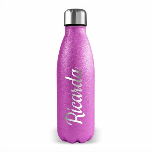 Kiwistar UG Gourde isotherme en acier inoxydable rose pailleté 500 ml – Bouteille isotherme avec nom – Double paroi avec finition pailletée pour boissons froides et boissons chaudes