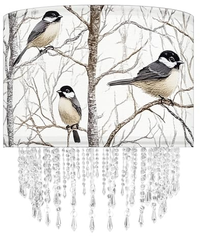 Star Vision Bird & Tree Drum Stoff-Lampenschirm mit Acrylperlentropfen, natürlicher botanischer Lampenschirm für Hängelampen, Tisch-, Wand- und Stehlampen, 40 cm