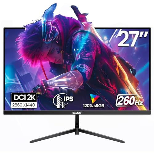 Gawfolk 27 Inch Gaming Monitor IPS 260Hz, QHD 2560 * 1440p PC Monitors, Computer Screen for Home & Office, Support HDMI & DP, Wall Mount Compatible 75 * 75mm, Black