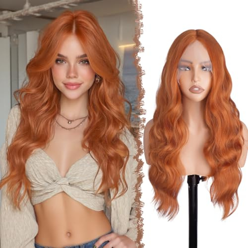 FESHFEN Lace Front Perücke – Lange Lockige Gewellte Kunsthaar Perücken mit 34x11x3 cm HD Lace Perücke für Frauen, Kastanienrot 70 cm