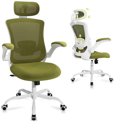 COLAMY Ergonomischer Mesh Bürostuhl mit Verstellbarer Kopfstütze und Lendenstütze, hochklappbare Armlehnen, 140° Wipp- und Rastenfunktion, Höhenverstellbarer Bürodrehstuhl, Grün
