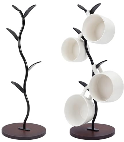 INTERWARM 2Pcs Black Coffee Mug Holder, 4-Hook Iron Countertop Mug Tree | 15x40.6cm Mug Tree Rack, Thick Base Cup Holder Stand, Kitchen Cafe Breakroom Decor & Accessory Storage Organizer