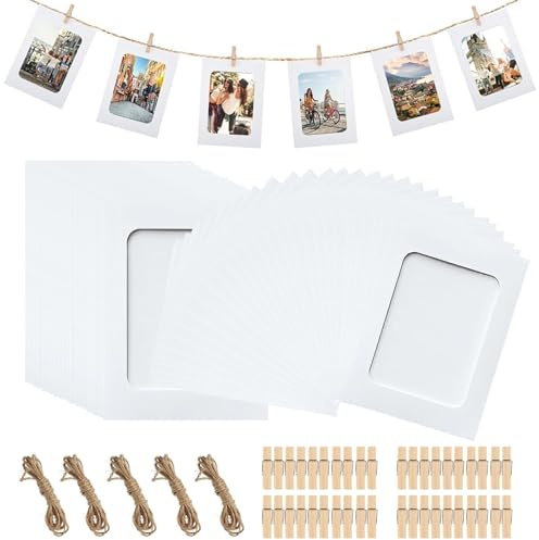 Fotogirland, 50 pezzi di fili fotografici con clip, 10 x 15 cm, per fai da te, in carta, bianco, con 50 mollette di legno, 5 pezzi, corda di canapa, 6 pollici, cornice portafoto in cartone, per