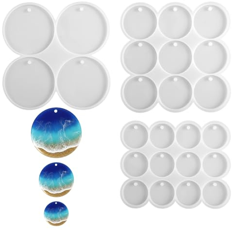 Qianyu 25 teilige Silikonform runde Resin Formen für runde Schlüsselanhänger mit Loch Flache Harzformen für gebohrte Ohrringe Anhänger Schlüsselanhänger Haustiermarken DIY-Bastelarbeiten