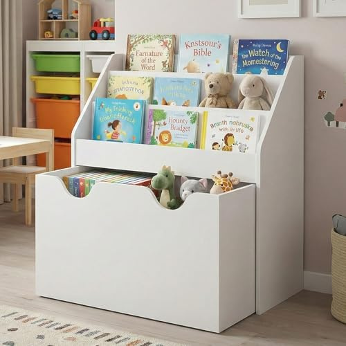 Msutree Kinderbücherregal mit Spielzeugkiste auf Rollen, Montessori Bücherregal Kinder Holz, Spielzeugregal für Kinderzimmer, Kinderregal Aufbewahrung mit 3 Fächern & Großer Schublade, Weiß, 70cm