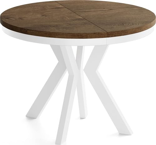 WFL GROUP Runder Esstisch Ausziehbar 90-190 cm – Verlängerbar, für 5-9 Personen mit Weißen Holzbeinen & Metallring – Tisch für Wohnzimmer & Esszimmer in Eiche Braun Rustikal