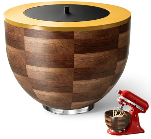 Airpro Solid Wood Mixing Bowl for 4.5-5Qt Tilt-Head Stand Mixers – Natural True Acacia/Walnut with Lid Cover & Stainless Steel Locking Base, 5 Quart for KitchenAid