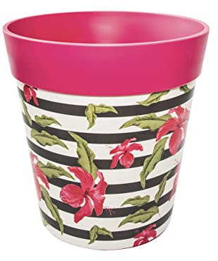 Hum Flowerpots, 22cm, Various Patterns Colours and Sizes, Indoor/Outdoor Plastic Plant Pot, Pink Hibiscus Stripe