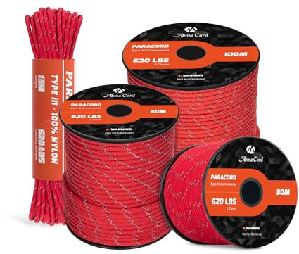 Abma Cord Paracord 620lbs 4mm 30M 100% Nylon Seil Typ 3 Schnur mit 9 Kern für Basteln, Camping, Survival, Outdoor - Max. 280kg - Reflektierende Rot