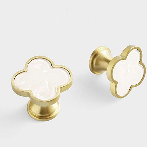 Decorative White Shell Kitchen Cabinet Knobs Clovers Brass Drawer Dresser Pulls Wardrobe Cupboard Door Pulls Handles Marble 2Pack (2)