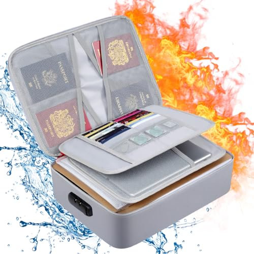 Feuerfeste Dokumentenbox mit Schloss, Aufbewahrungsbox, wasserdicht, sicher, feuerfest, Dokumententasche, großes Fassungsvermögen, für Zuhause, Büro, Reisen (36 x 27 x 10 cm)