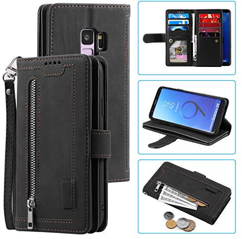 EYZUTAK Handyhülle für Samsung Galaxy S9 Plus Hülle,Flip Case Lederhülle Reißverschluss Magnetverschluss Brieftasche mit 9 Kartenfächern Standfuntion Retro Matt Ledertasche-Schwarz