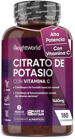 Potassio Citrato con Vitamina C Vegano, 1460mg per Dose, (Fornitura per 3 Mesi), Potassio Integratore da 180 Compresse con Vit C come Acido Ascorbico, Senza Glutine né OGM, Prodotto nel Regno Unito