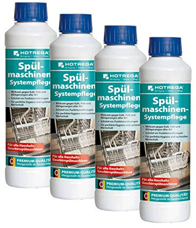 HOTREGA Spülmaschinenreiniger 4x 250 ml | Systempflege gegen Kalk Fett Ablagerungen | Selbsttätig wirksam für Hygiene und Werterhalt | Gebrauchsfertig