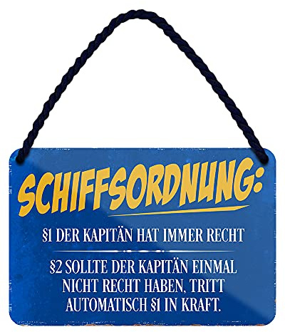 Schiffsordnung Blechschild - Metallschild mit Kordel und Saugnapf - witziges Retro Deko Schild - lustiges Geschenk für Skipper Segler Seemann Matrose Schiffer Käpt'n Bootsbesitzer - 18x12cm