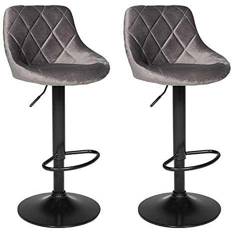 Happy Garden 2er Set Barhockern aus grauem Samt Robin. Küchenstuhl in modernem Design mit Sitzfläche, höhenverstellbar, um 360° drehbar und Fußstütze. Hocker mit Rückenlehne aus Samt