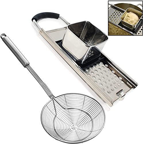 Spaetzle Maker de acero inoxidable de grado premium con mango de agarre cómodo, colador de araña de acero inoxidable, cuchara de espumadera, colador de pasta, hecho en casa, tradicional alemán, juego