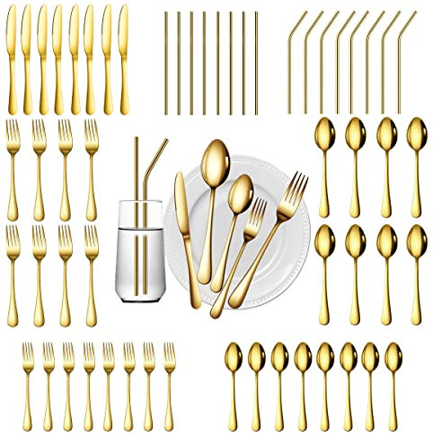 Gutuwellea 56 Pieces Gold Cutlery Set for 8 Cutlery Set with Stainless Steel Straws Dishwasher Safe (Gold, 56)