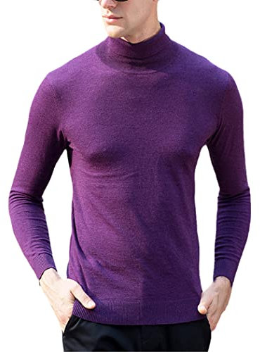 YIOLEAMP Maglione classico in pura lana merinos da uomo, maglione a collo alto in cashmere, Viola, 4XL