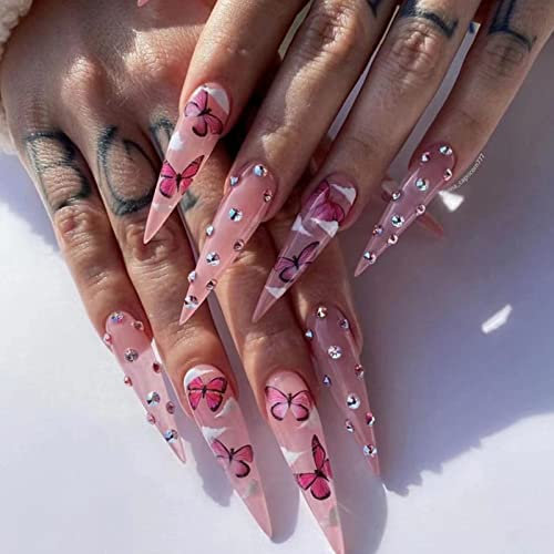 RUNRAYAY Rose Acrylique Fack Nails Long avec Strass, Press On Nails pour Femmes Filles, Nude Nails Press On Full Cover Nails Tips pour Festival Salon Nail