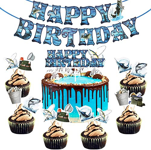 50 Pcs Fish Happy Birthday Banner Fish Sign Banner Gone Fishing Cupcake Topper Fishing Cake Topper Fishing Cake Decorations for Boy Men Fishing Birthday Party Supplies Decorations Retirement Decor
