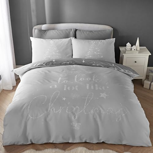 Catherine Lansfield A Lot Like Christmas Reversible King Duvet Cover Set with Pillowcases Grey