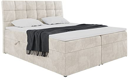MEBLINI Boxspringbett mit Bettkasten - Gepolstert Doppelbett mit Matratze und Topper - Polsterbett mit Stauraum - Bett mit Kopfteil - Stauraumbett - Drago - 140x200 - H3/Creme Samt