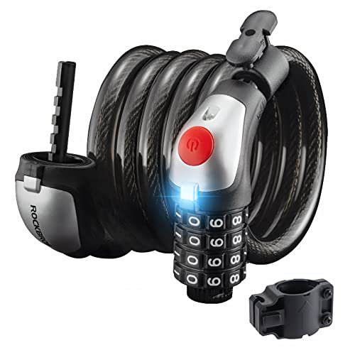ROCKBROS Câble Antivol 120/180cm Imperméable Cadenas Vélo 4 Chiffres Code Serrure Combinaison Feu LED Batterie au Lithium 7 * 5 Câbles Robuste VTT Moto Vélo Électrique Scooter Trotinette Landaus Noir