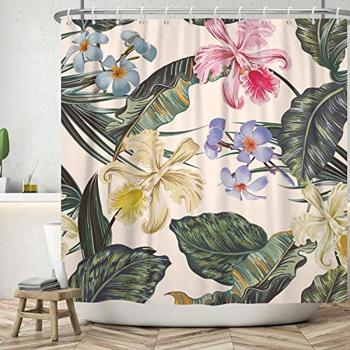 Bovlleetd 71x71inch Botanical Shower Curtain Colorful Lily Flower Shower Curtains Tropical Plant Banana Leaf Palm Leaf Bathroom Curtain Watercolor Flowers Bathtub Decoration
