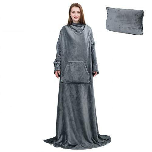 Fleece-Decke mit Ärmeln, 2-in-1 Flugzeug-Reisedecke, Büro-Poncho, super weich, warm, gemütlich, Mikro-Plüsch, funktional, leicht