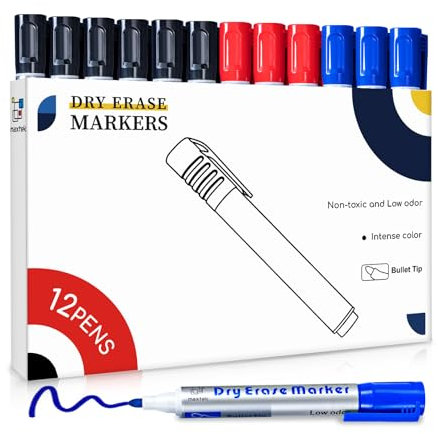 maxtek Whiteboard Marker, 12 Whiteboard Stifte Rundspitze 2-3 mm Strichstärke, Set mit 3 Farben, hohe Qualität, rückstandsfrei trocken abwischbar (6 Schwarz, 3 Rot, 3 Blau)