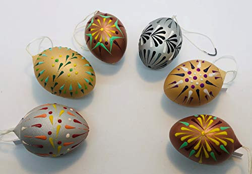 6 Serama-Mini-Huhn-Eier, Ostereier sorbische Wachsbossiertechnik, silber-gold-kupfer, reine Handarbeit