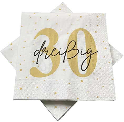 20 Servietten zum 30. Geburtstag 33x33 cm - weiß gold schwarz
