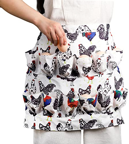 AVLA Chicken Egg Collecting Apron, 12 Deep Pockets Holding Apron, Farmhouse Design for Easter, Hens, Duck, Goose Egg, Women, Adults, Housewives, White, 20 x 16 inches
