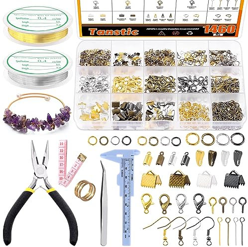 Tanstic 1467 Pcs Jewelry Making Supplies Kit - Jewelry Making Kit with Pliers, Jump Rings, Copper Wires, Findings, Tweezer, Caliper, Jump Ring Opener for Repair
