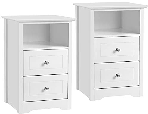 Yaheetech 2pcs Bedside Tables, Wooden Nightstand Cabinet with 2 Drawers and Open Cupboard, Sofa Side End Table Storage Unit for Living Room/Bedroom, White, 35 x 40 x 61cm