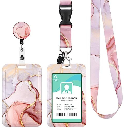 Porte Badge avec Cordon Tour de Cou Porte-cartes Swivel Lobster Clasp avec Lanières Rétractables pour Porte Badges d'Identification Clés Caméra Téléphone Portable (Marbre Rose)