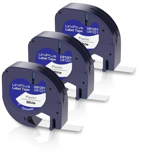 UniPlus 3x Kompatibel für 91221 Etikettenband 91221 S0721660 91201 12mm x 4m für xr Schriftband Plastik für LT110T LT100H QX50 XR 200B Etikettendrucker Kunststoff Schwarz auf Weiß