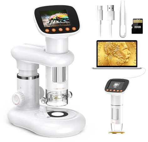 Handheld Digital Microscope D-MS1 with 2 IPS Screen - Take pictures & videos - Download to PC & Mac - 1000X Pocket Microscope for Kids/Adults with Stand 32G SD Card - Use Indoors&Outdoors (white)