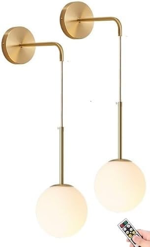 Wall Sconces Battery Operated Set of 2 with Remote,Indoor No Wiring Hanging Wall Lights Fixture,Modern Globe Glass Shade Gold Wall Lamp Timer Chandelier for Bedside Bedroom Vanity ( Color : Gold )