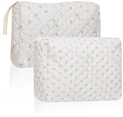 SKHAOVS 2 Stück Große Kosmetiktasche Reise Kosmetiktasche Kosmetiktasche aus Baumwolle, Gesteppte Kosmetiktasche Make Up Tasche Large Capacity Cosmetic Bag für Reisen, Urlaub (Weiß)